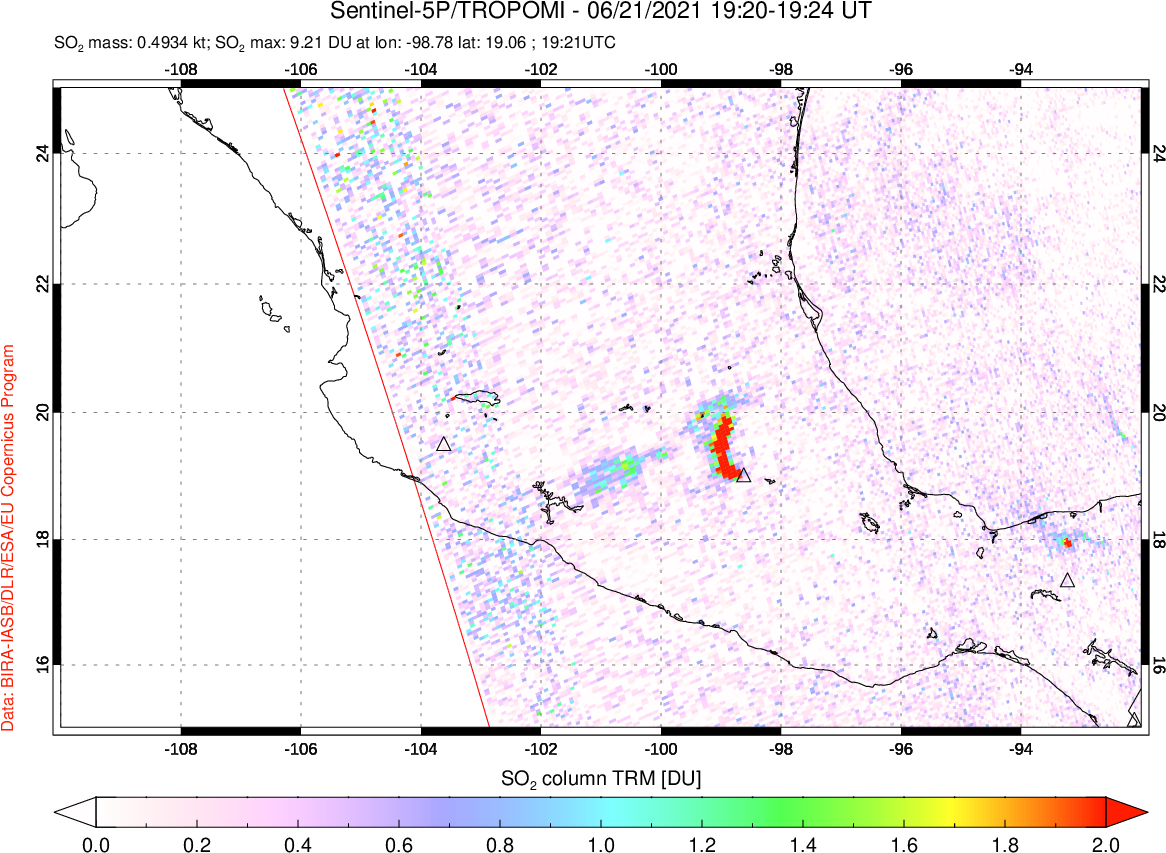 A sulfur dioxide image over Mexico on Jun 21, 2021.
