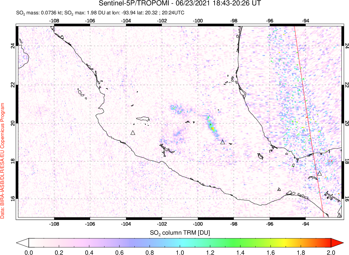 A sulfur dioxide image over Mexico on Jun 23, 2021.