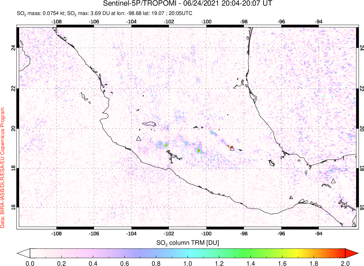 A sulfur dioxide image over Mexico on Jun 24, 2021.