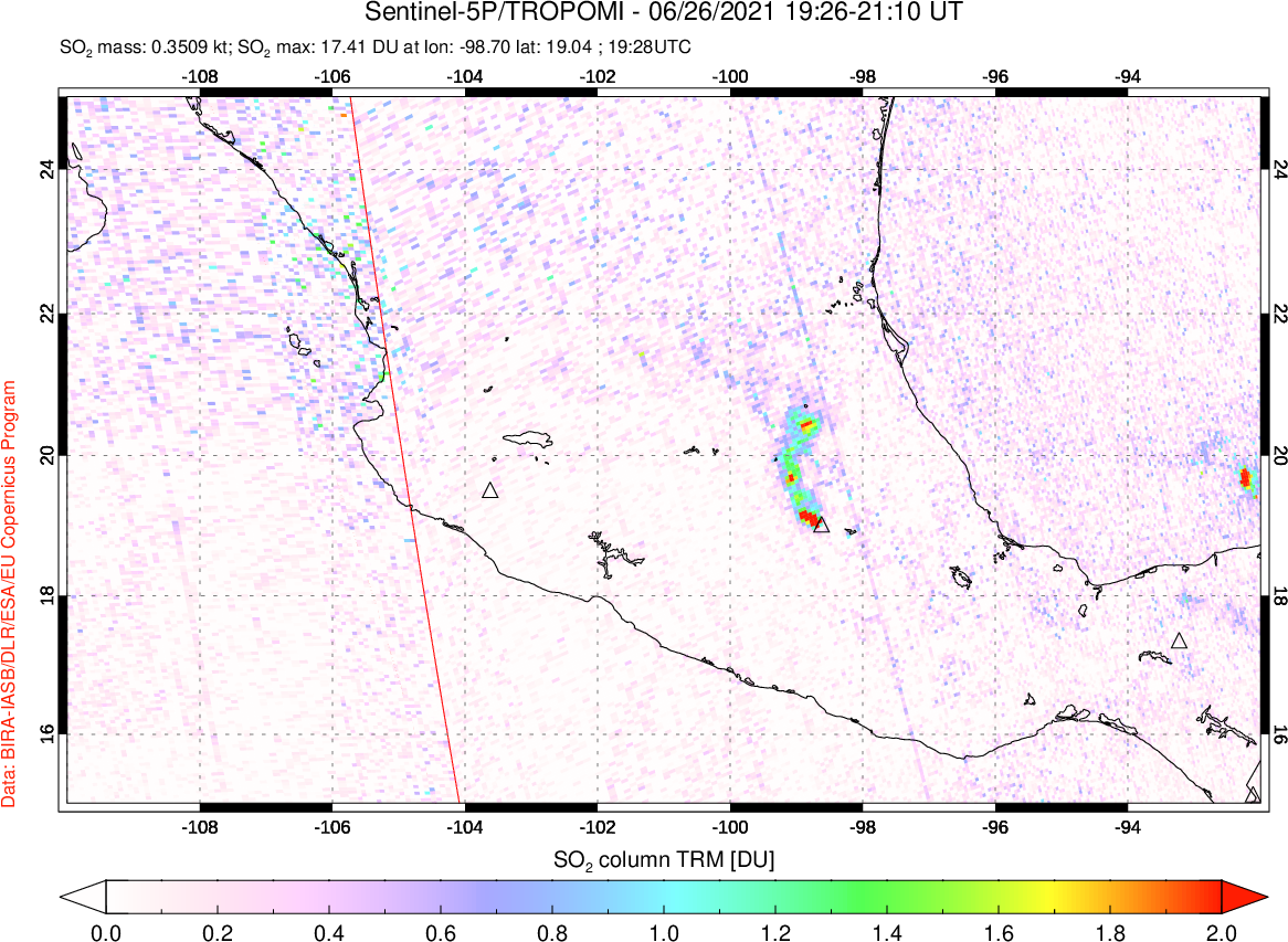 A sulfur dioxide image over Mexico on Jun 26, 2021.