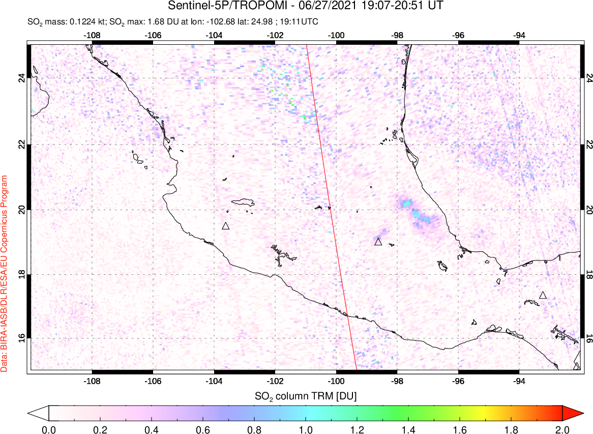 A sulfur dioxide image over Mexico on Jun 27, 2021.