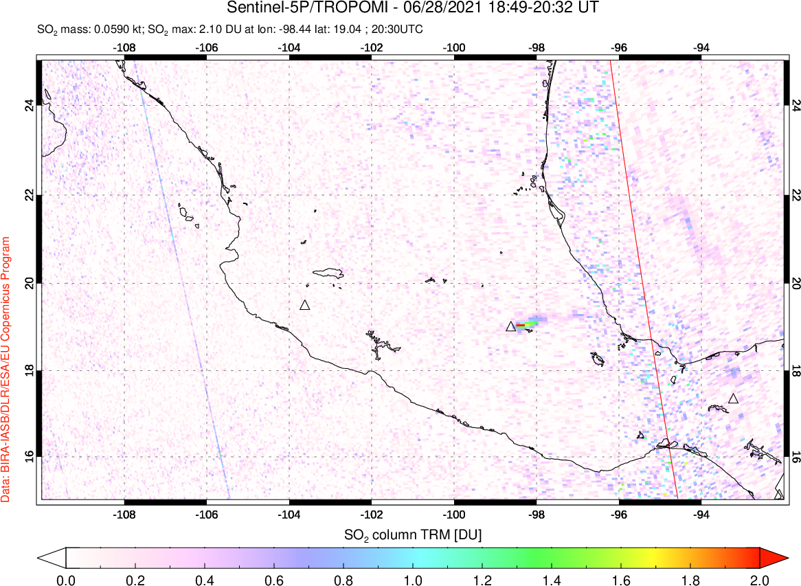 A sulfur dioxide image over Mexico on Jun 28, 2021.