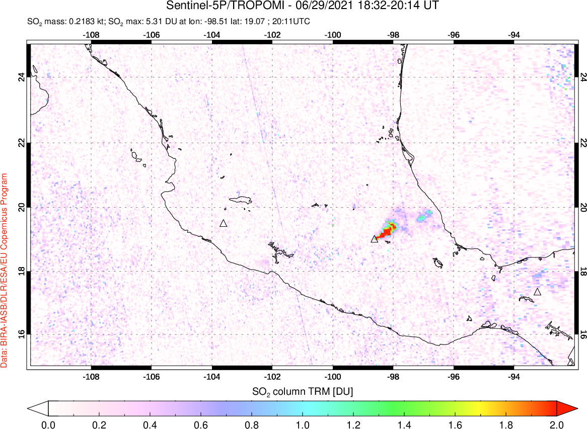 A sulfur dioxide image over Mexico on Jun 29, 2021.