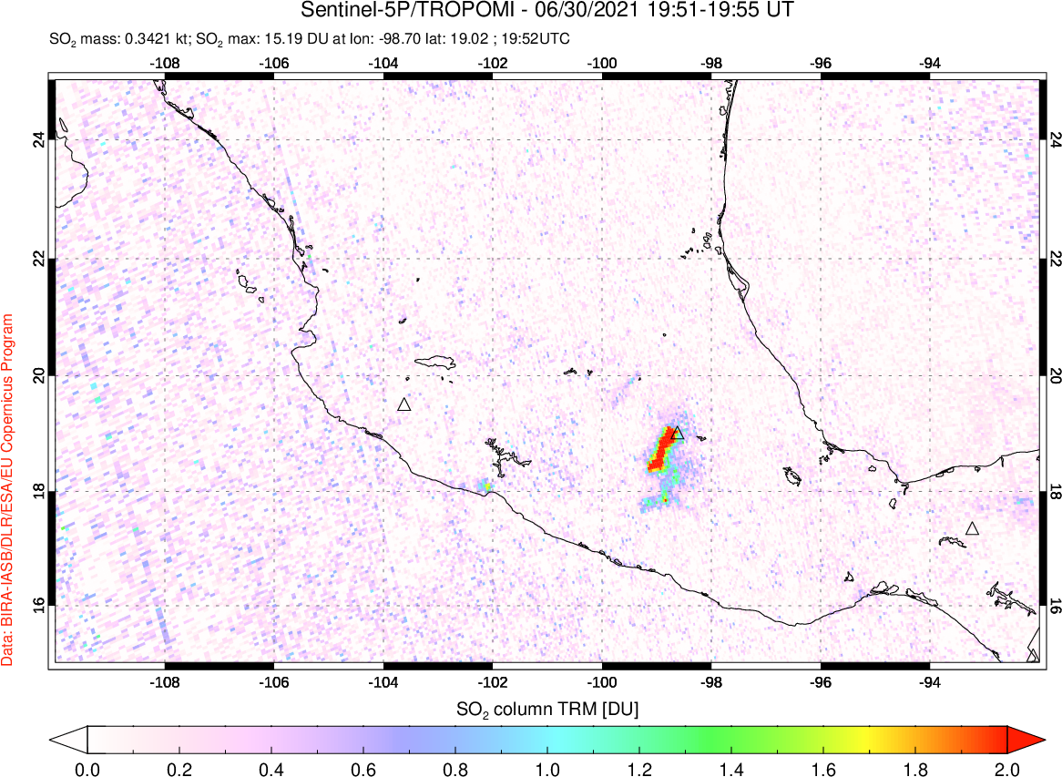 A sulfur dioxide image over Mexico on Jun 30, 2021.