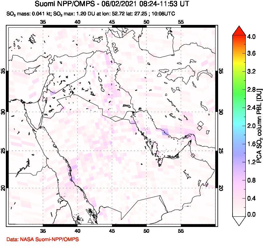 A sulfur dioxide image over Middle East on Jun 02, 2021.