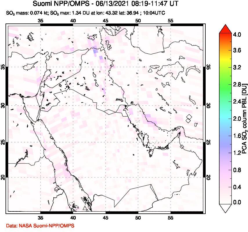 A sulfur dioxide image over Middle East on Jun 13, 2021.