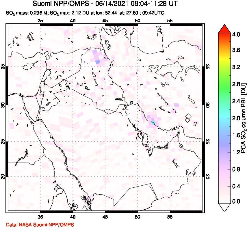 A sulfur dioxide image over Middle East on Jun 14, 2021.