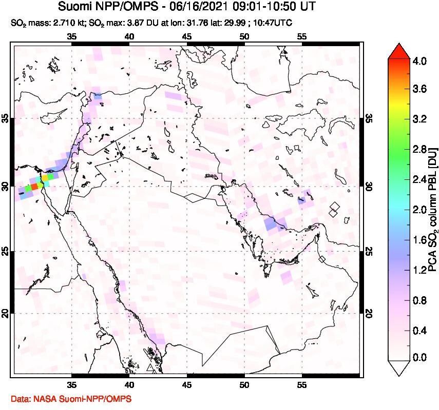 A sulfur dioxide image over Middle East on Jun 16, 2021.
