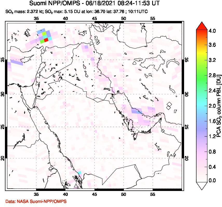 A sulfur dioxide image over Middle East on Jun 18, 2021.
