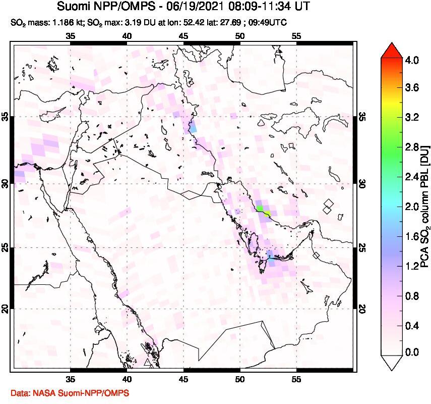 A sulfur dioxide image over Middle East on Jun 19, 2021.