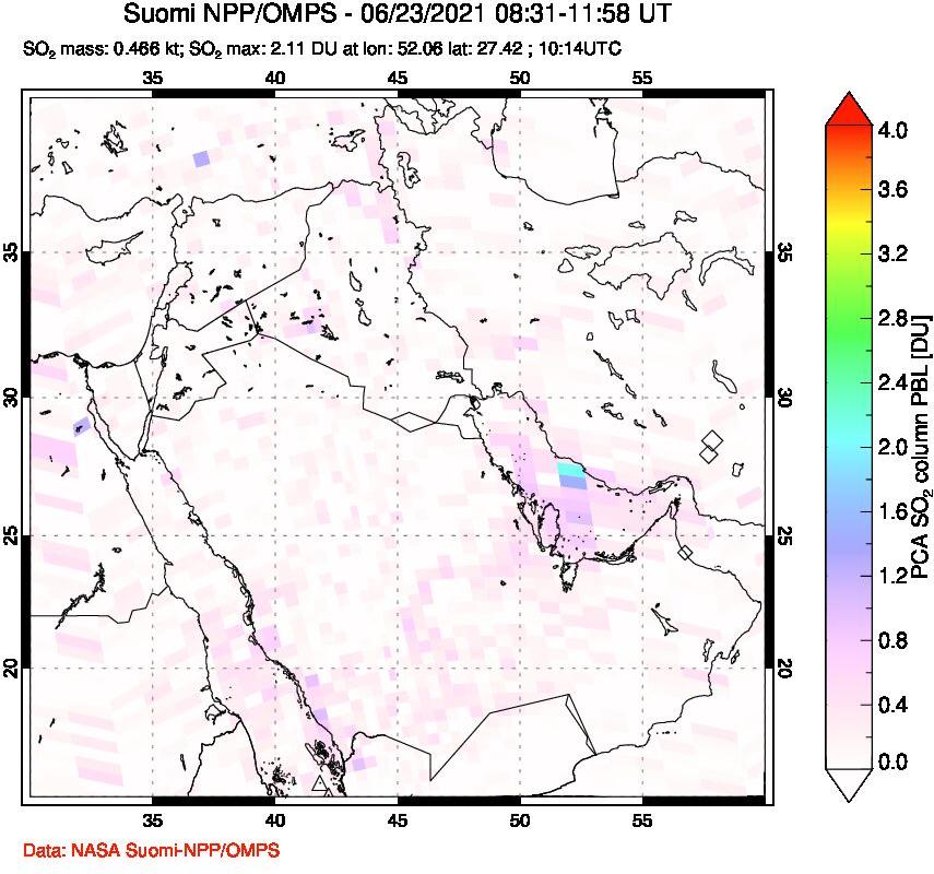 A sulfur dioxide image over Middle East on Jun 23, 2021.