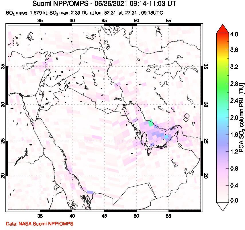 A sulfur dioxide image over Middle East on Jun 26, 2021.