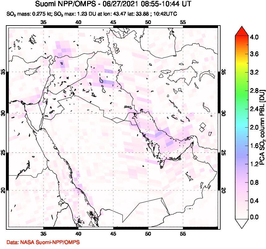 A sulfur dioxide image over Middle East on Jun 27, 2021.