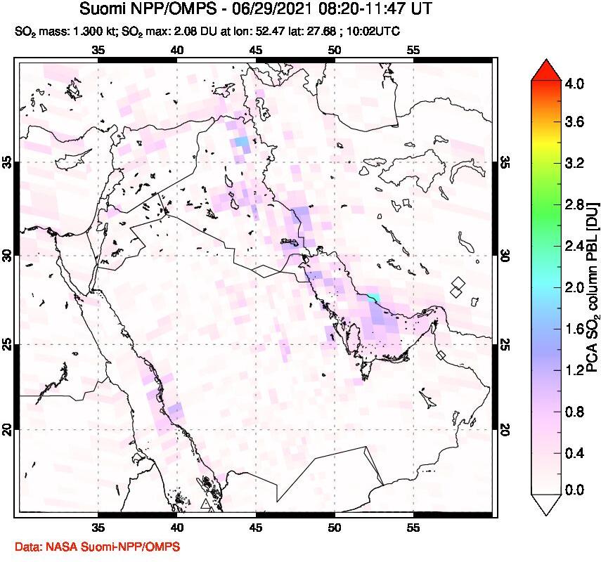A sulfur dioxide image over Middle East on Jun 29, 2021.