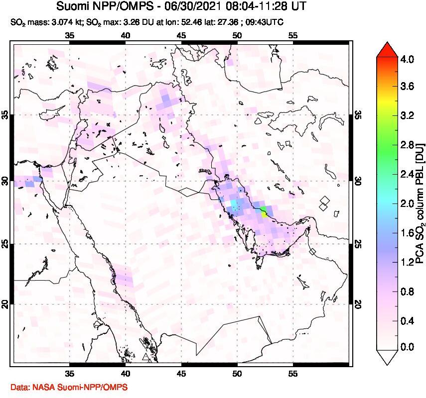 A sulfur dioxide image over Middle East on Jun 30, 2021.