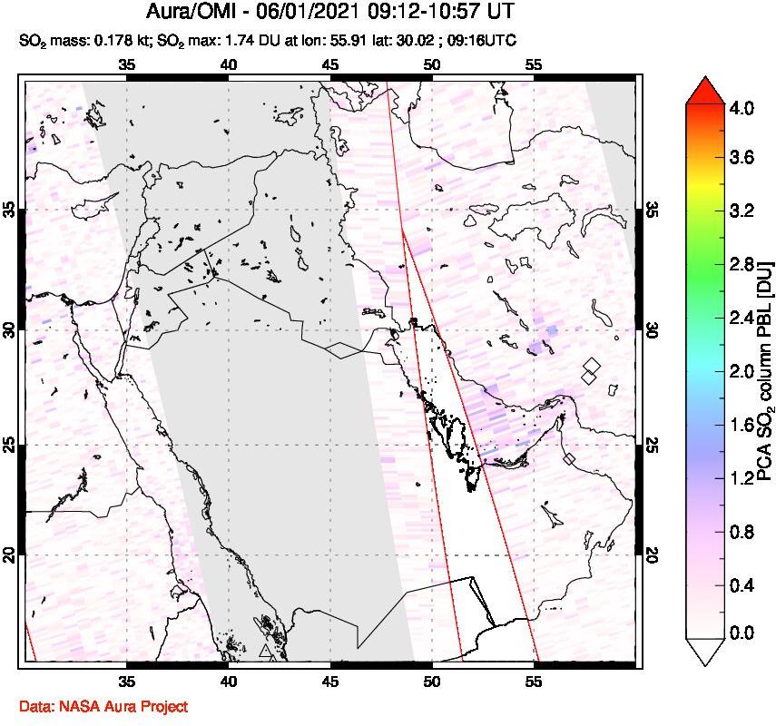 A sulfur dioxide image over Middle East on Jun 01, 2021.