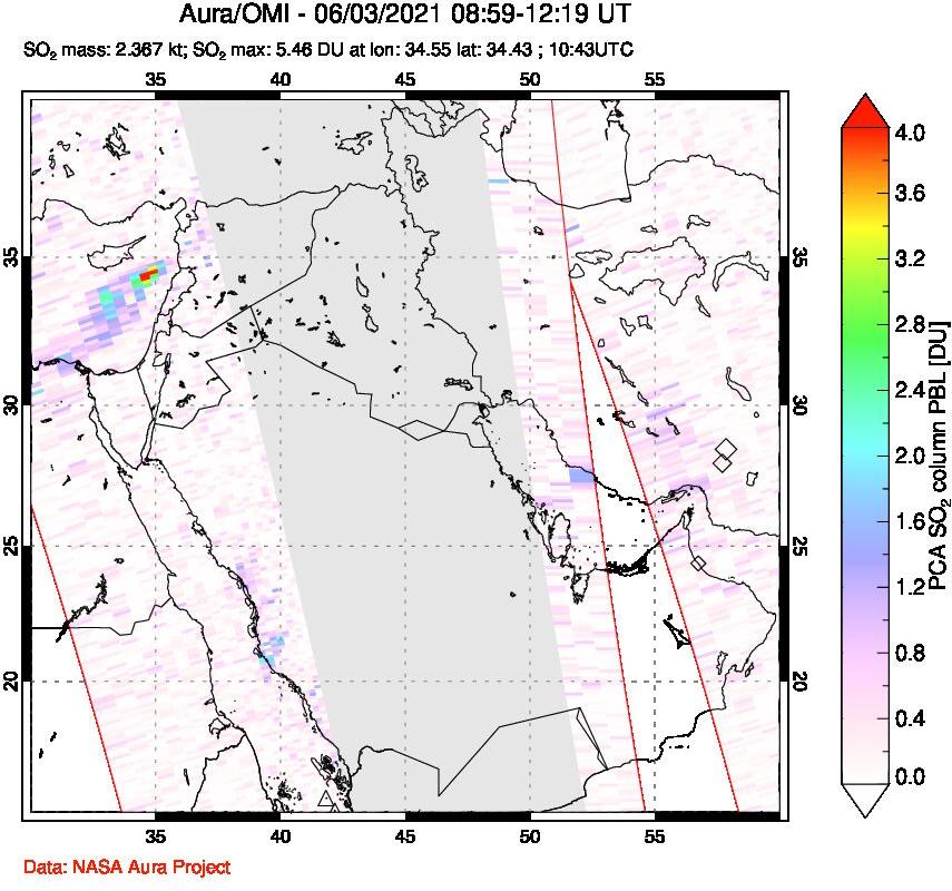 A sulfur dioxide image over Middle East on Jun 03, 2021.