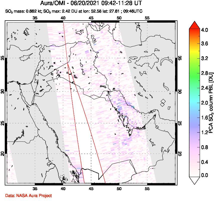 A sulfur dioxide image over Middle East on Jun 20, 2021.
