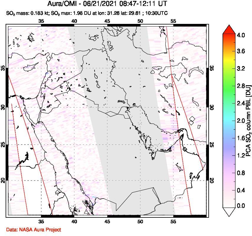 A sulfur dioxide image over Middle East on Jun 21, 2021.