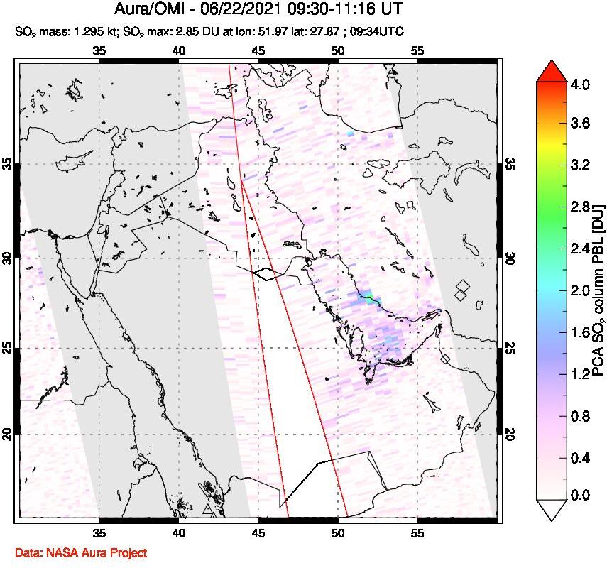 A sulfur dioxide image over Middle East on Jun 22, 2021.