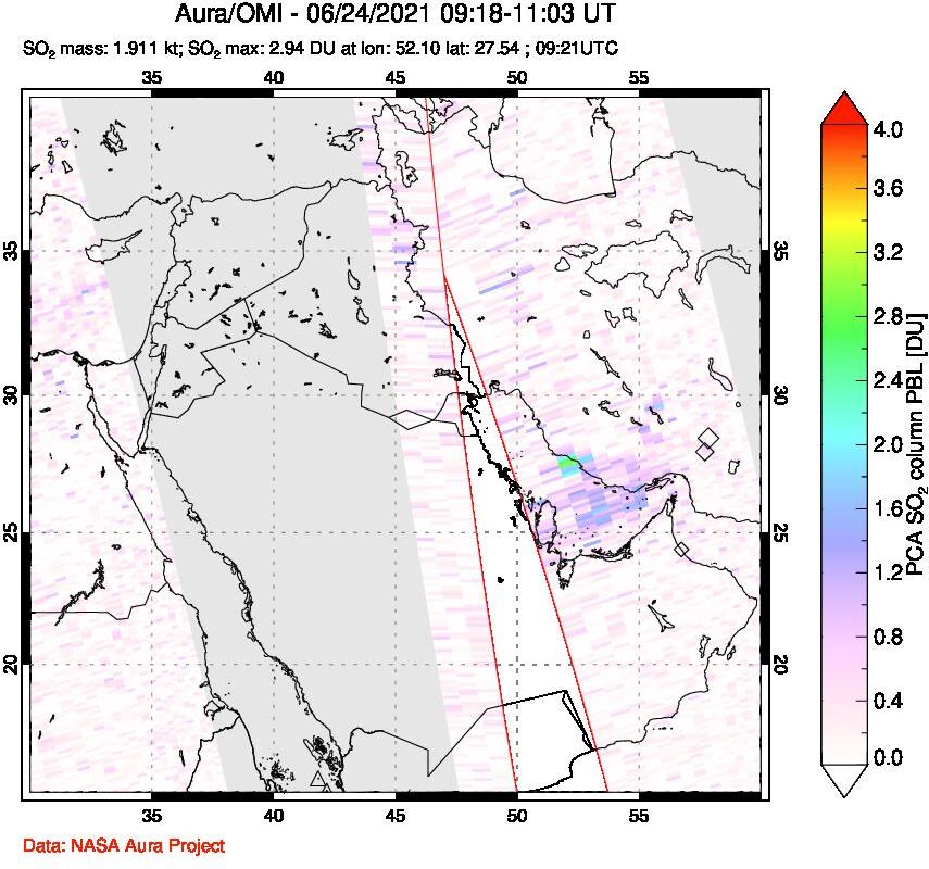 A sulfur dioxide image over Middle East on Jun 24, 2021.