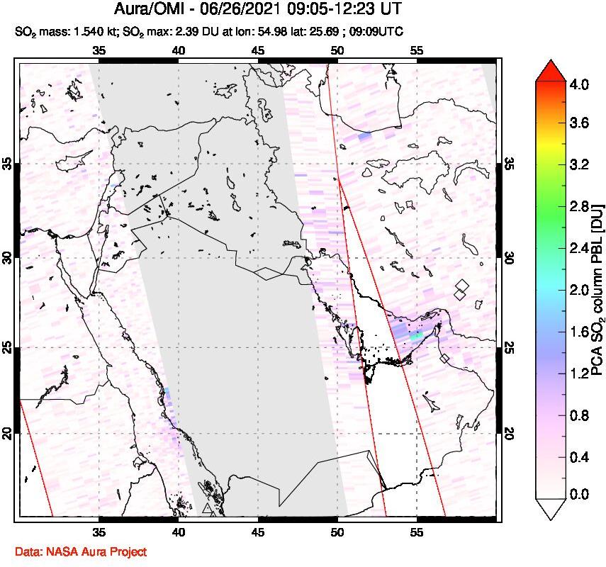 A sulfur dioxide image over Middle East on Jun 26, 2021.