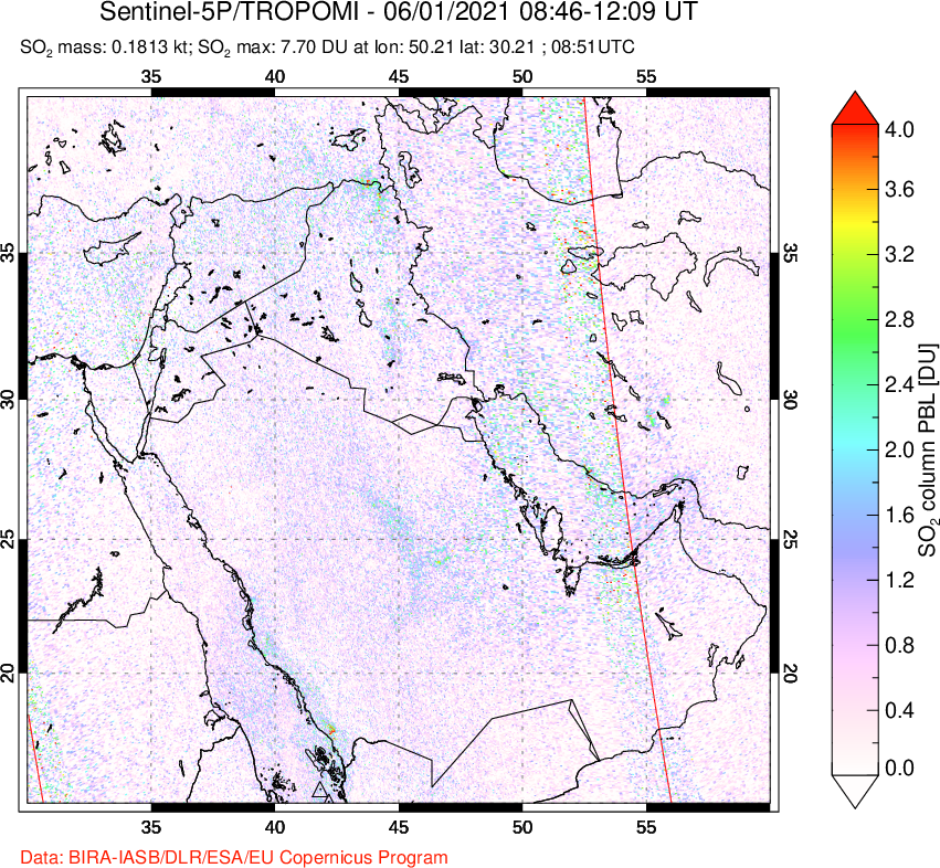 A sulfur dioxide image over Middle East on Jun 01, 2021.
