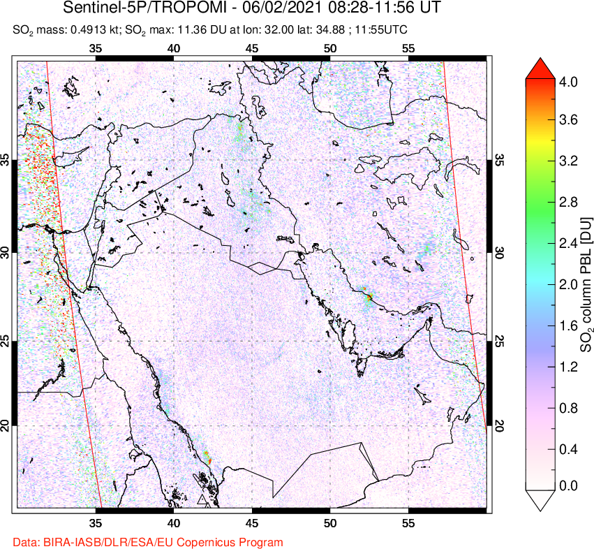 A sulfur dioxide image over Middle East on Jun 02, 2021.