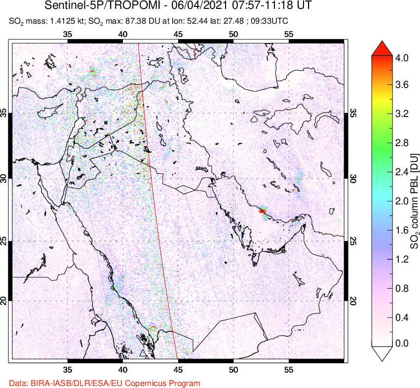 A sulfur dioxide image over Middle East on Jun 04, 2021.