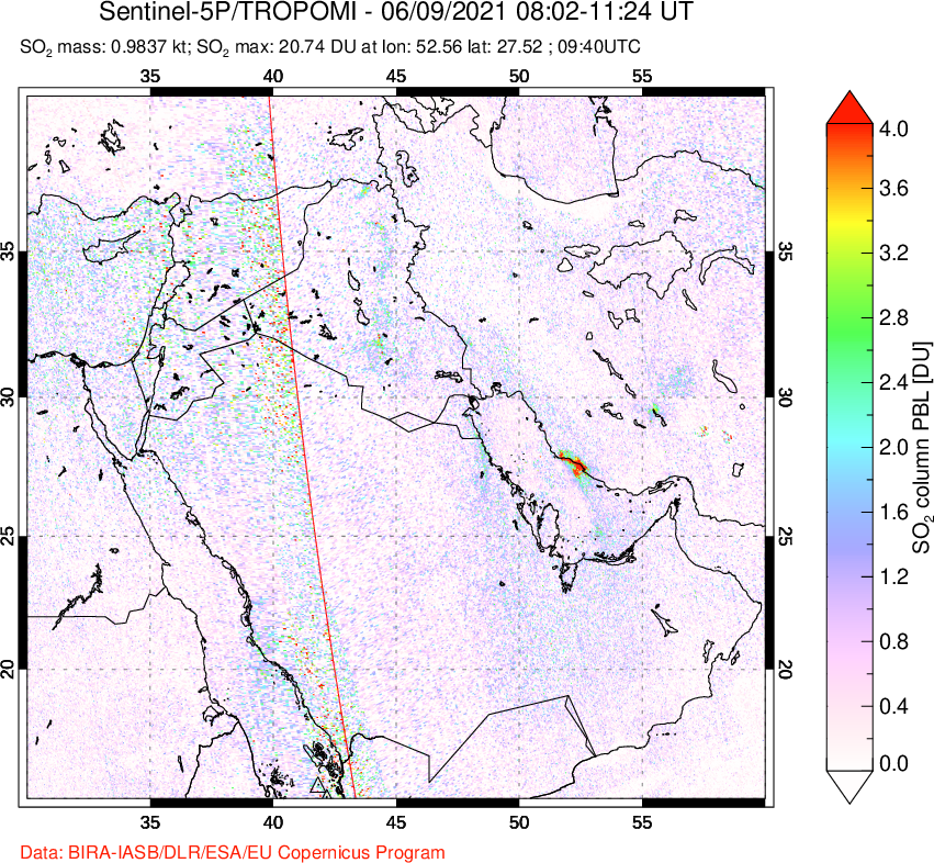 A sulfur dioxide image over Middle East on Jun 09, 2021.