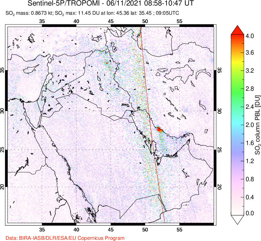 A sulfur dioxide image over Middle East on Jun 11, 2021.