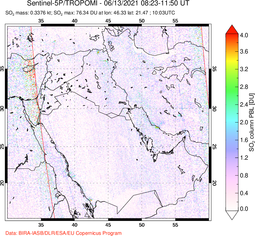 A sulfur dioxide image over Middle East on Jun 13, 2021.
