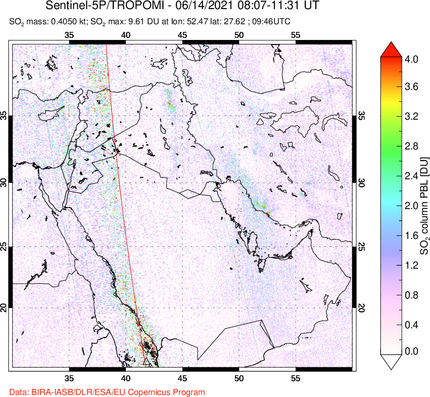 A sulfur dioxide image over Middle East on Jun 14, 2021.