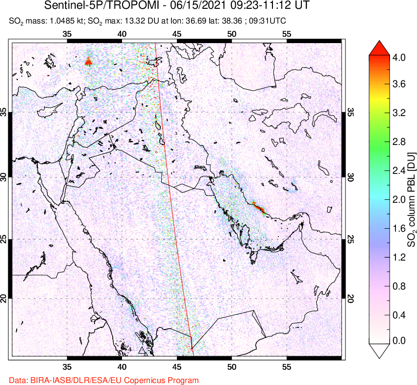 A sulfur dioxide image over Middle East on Jun 15, 2021.