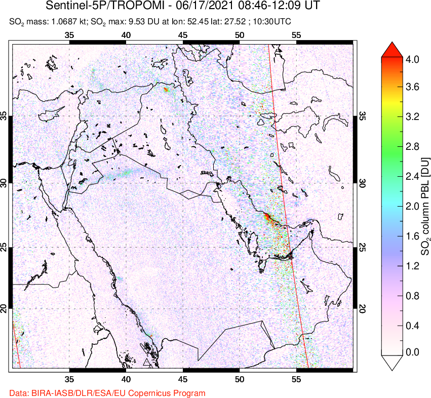 A sulfur dioxide image over Middle East on Jun 17, 2021.