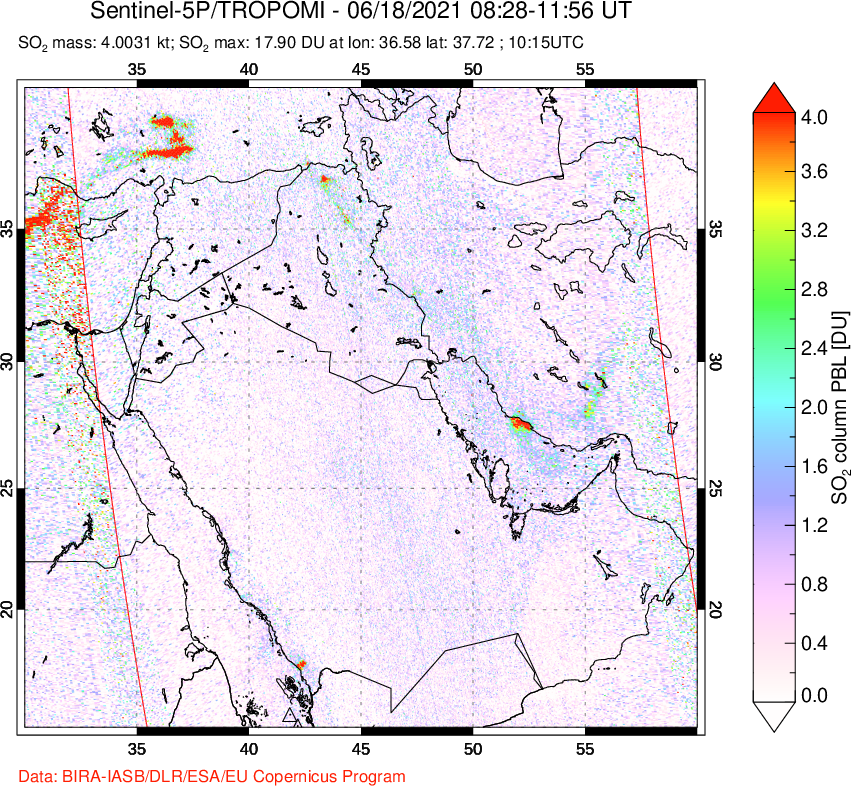 A sulfur dioxide image over Middle East on Jun 18, 2021.