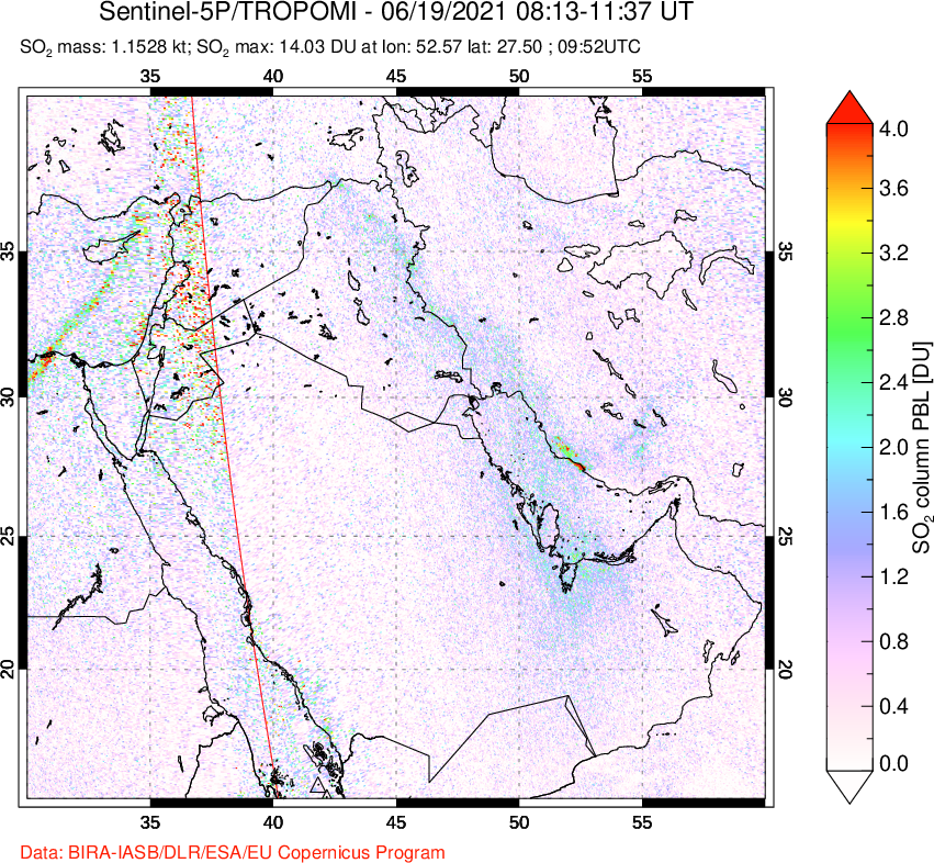 A sulfur dioxide image over Middle East on Jun 19, 2021.