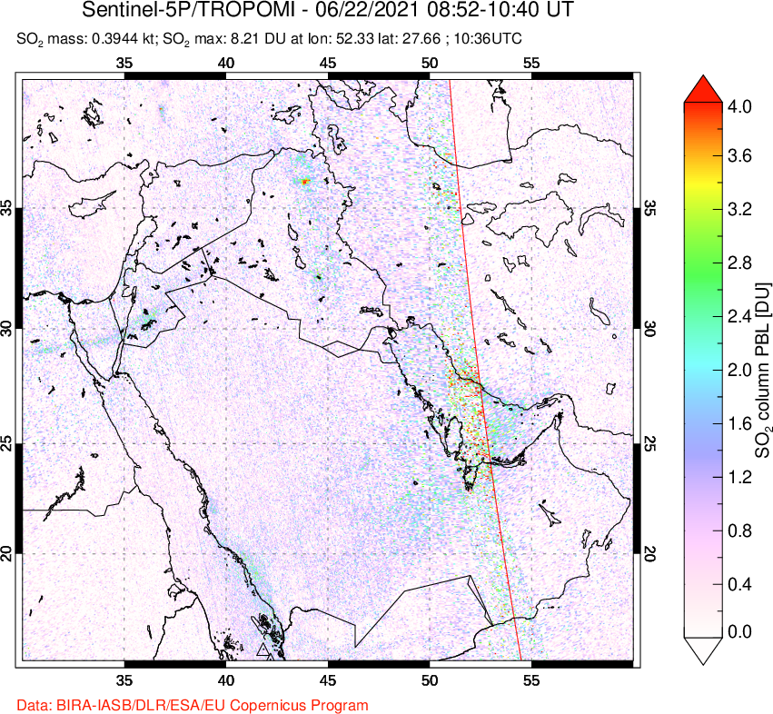 A sulfur dioxide image over Middle East on Jun 22, 2021.