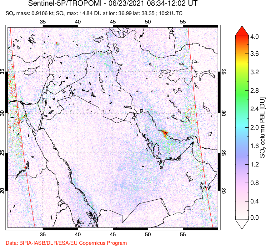 A sulfur dioxide image over Middle East on Jun 23, 2021.