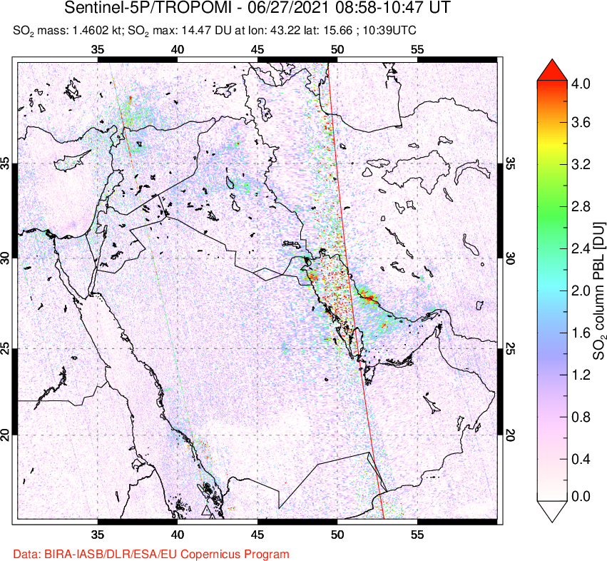 A sulfur dioxide image over Middle East on Jun 27, 2021.