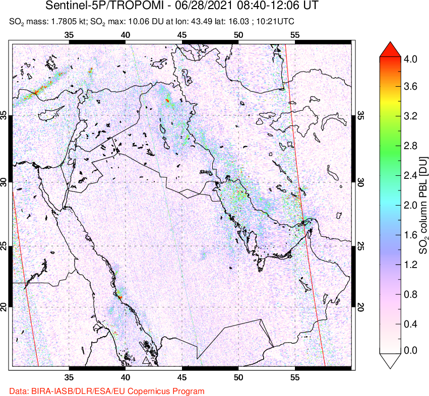 A sulfur dioxide image over Middle East on Jun 28, 2021.