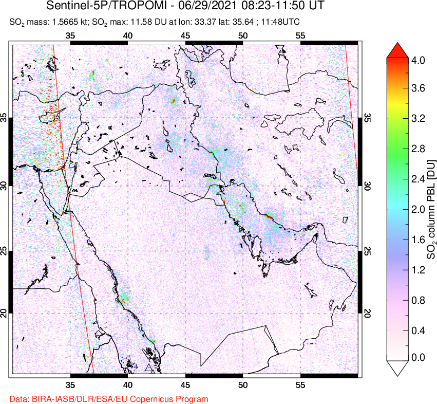 A sulfur dioxide image over Middle East on Jun 29, 2021.