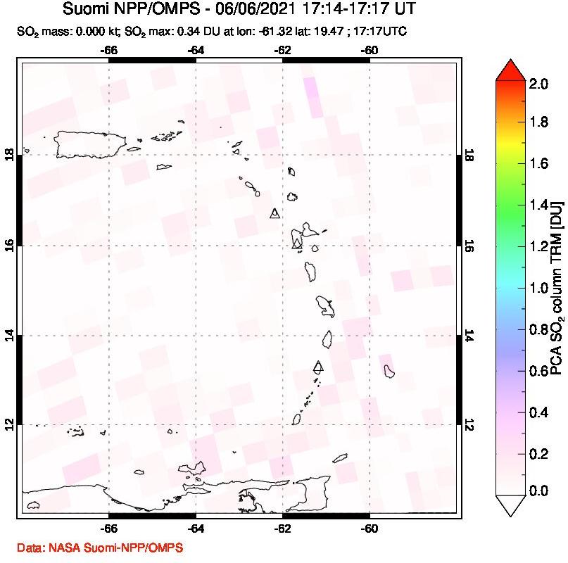 A sulfur dioxide image over Montserrat, West Indies on Jun 06, 2021.