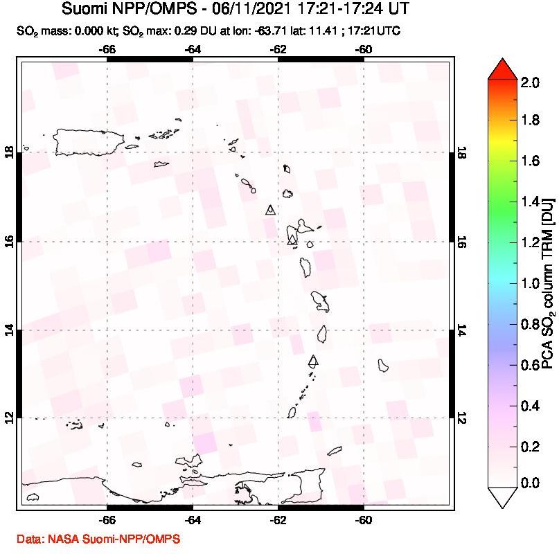 A sulfur dioxide image over Montserrat, West Indies on Jun 11, 2021.
