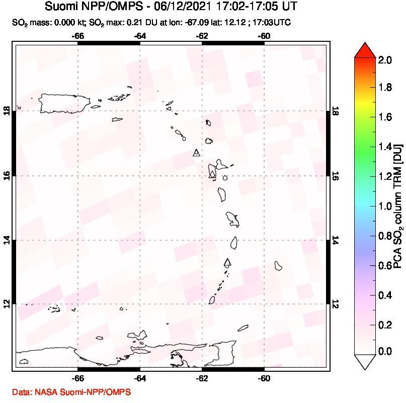 A sulfur dioxide image over Montserrat, West Indies on Jun 12, 2021.