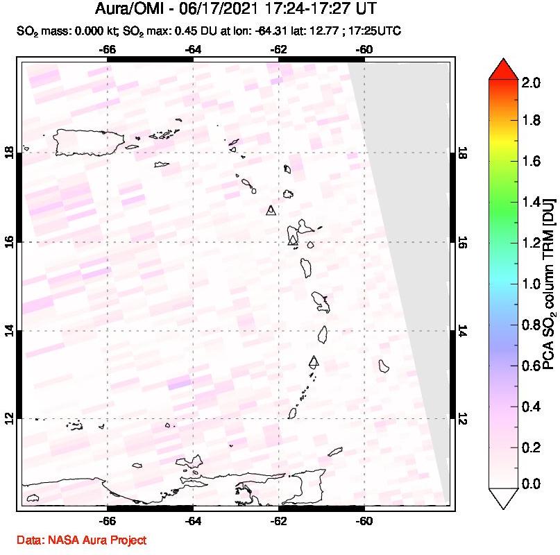 A sulfur dioxide image over Montserrat, West Indies on Jun 17, 2021.