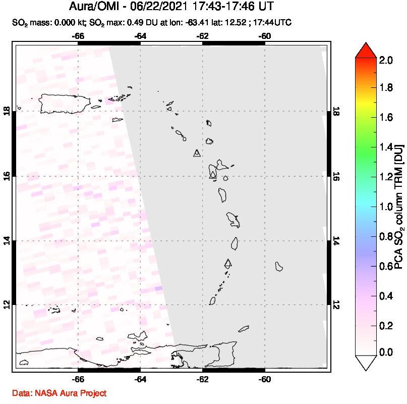 A sulfur dioxide image over Montserrat, West Indies on Jun 22, 2021.