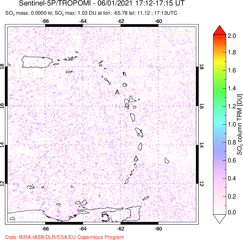 A sulfur dioxide image over Montserrat, West Indies on Jun 01, 2021.