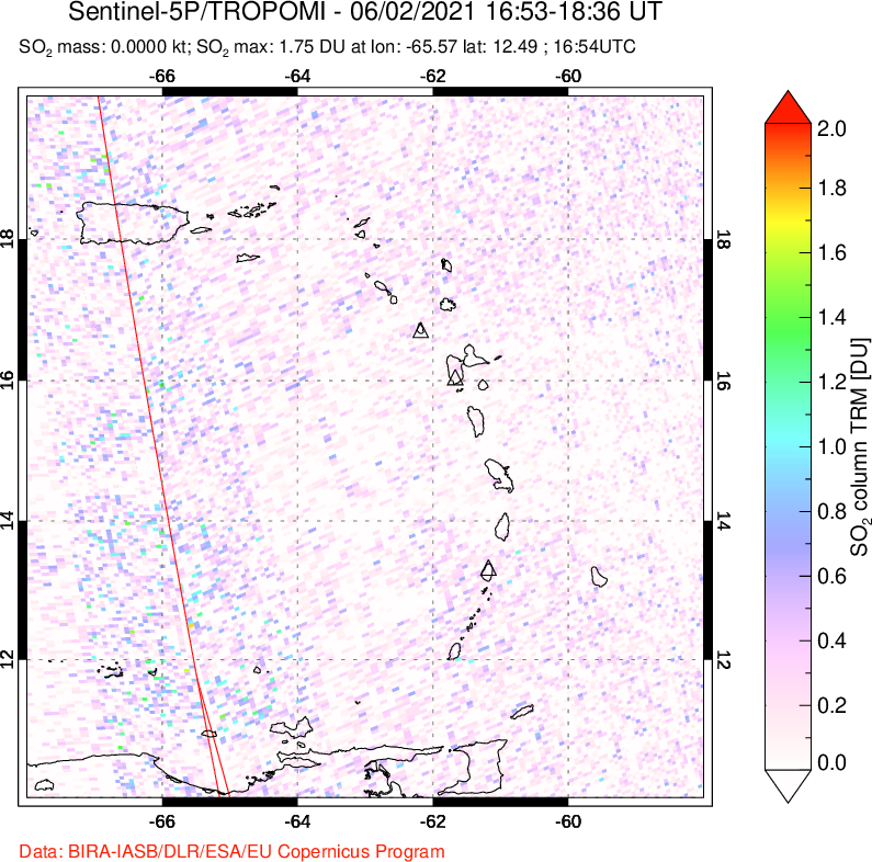A sulfur dioxide image over Montserrat, West Indies on Jun 02, 2021.