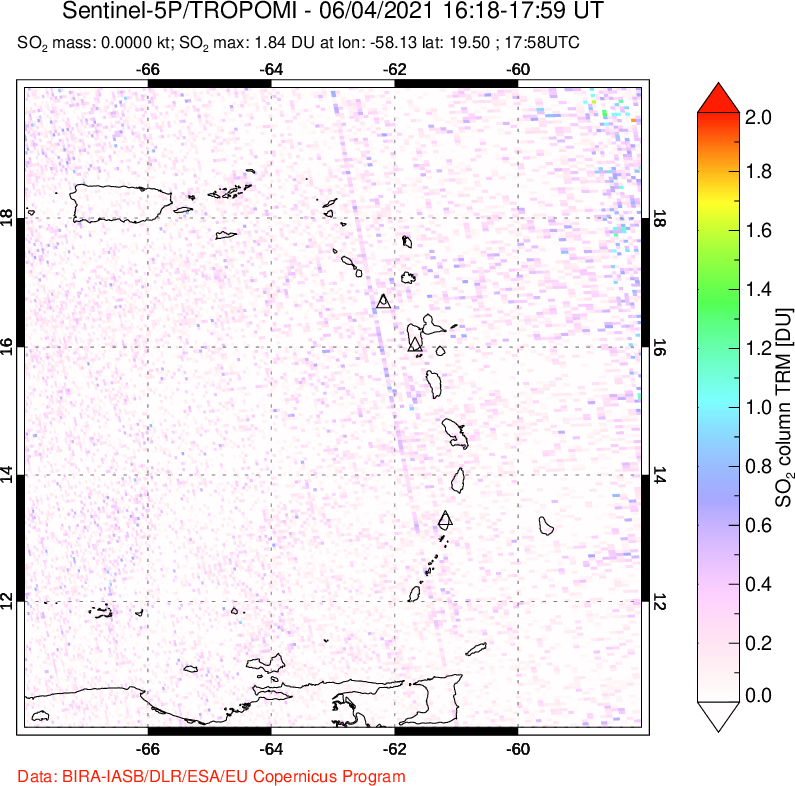 A sulfur dioxide image over Montserrat, West Indies on Jun 04, 2021.